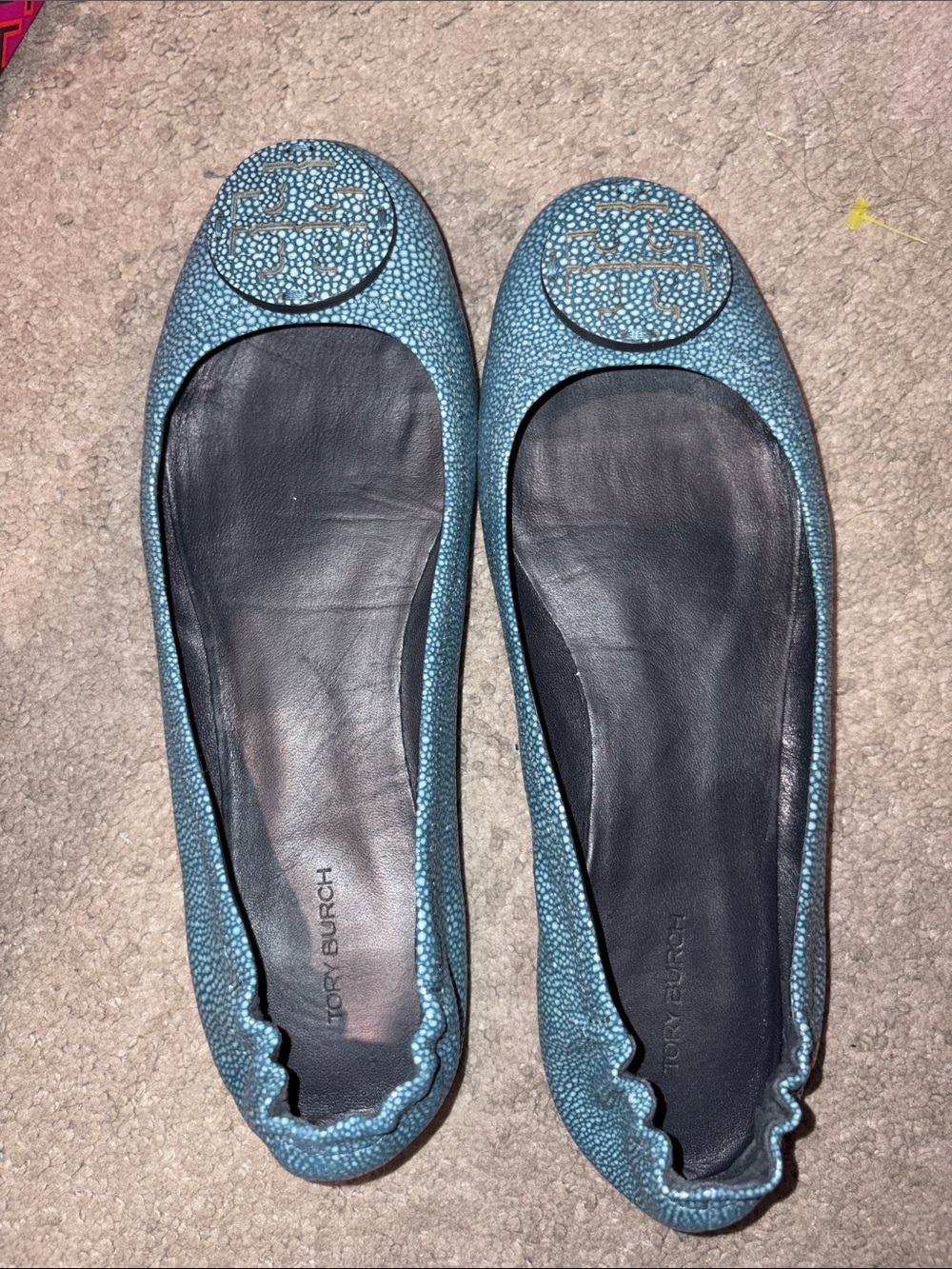 Tory Burch Teal Metallic Logo Round-Toe Ballet Flats